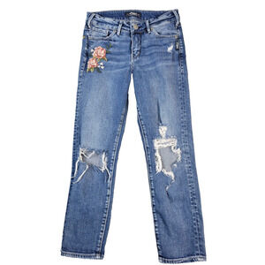 Silver Jeans Cropped Jeans Womens 26 Mazy Slim Distressed Floral Blue Y2K Hippie